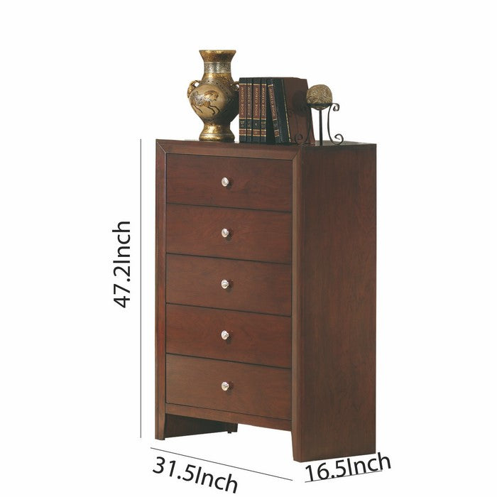 5 Drawer Transitional Chest with Metal Knobs and Floor Protectors, Brown