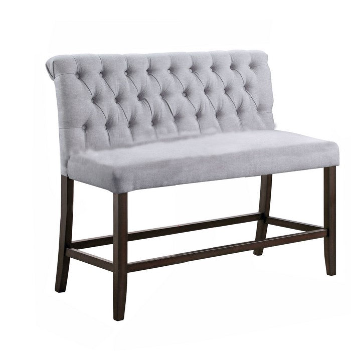 Fabric Rolled High Back Counter Height Bench with Tufted Details, Gray - BM215348