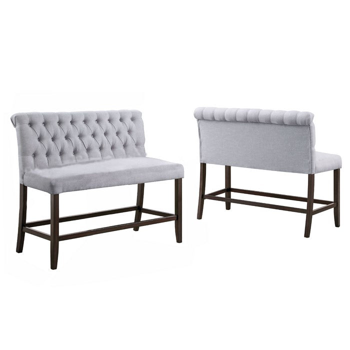 Fabric Rolled High Back Counter Height Bench with Tufted Details, Gray - BM215348