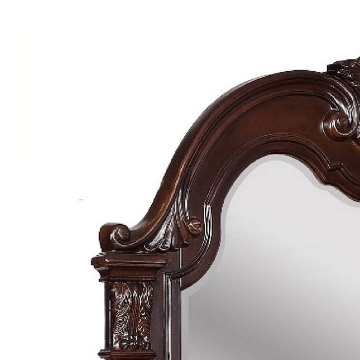 Traditional Wooden Crown Top Mirror with Intricate Carving, Brown