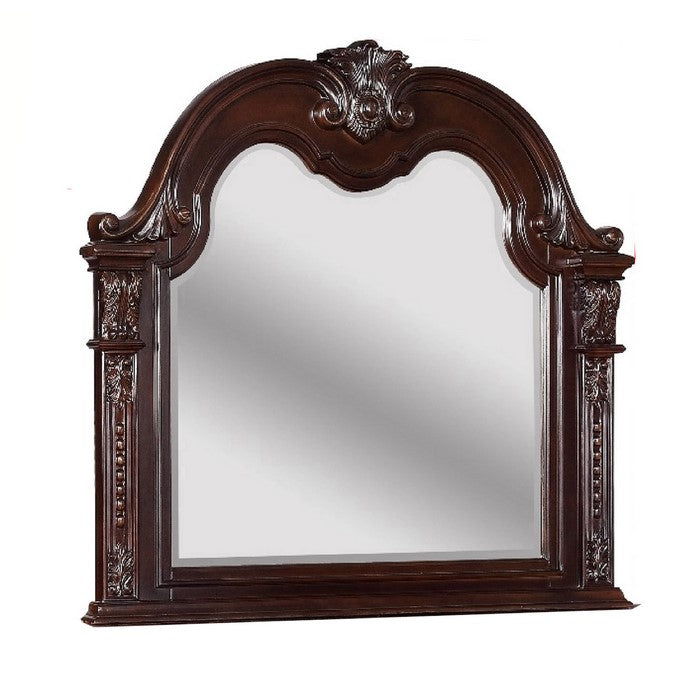 Traditional Wooden Crown Top Mirror with Intricate Carving, Brown