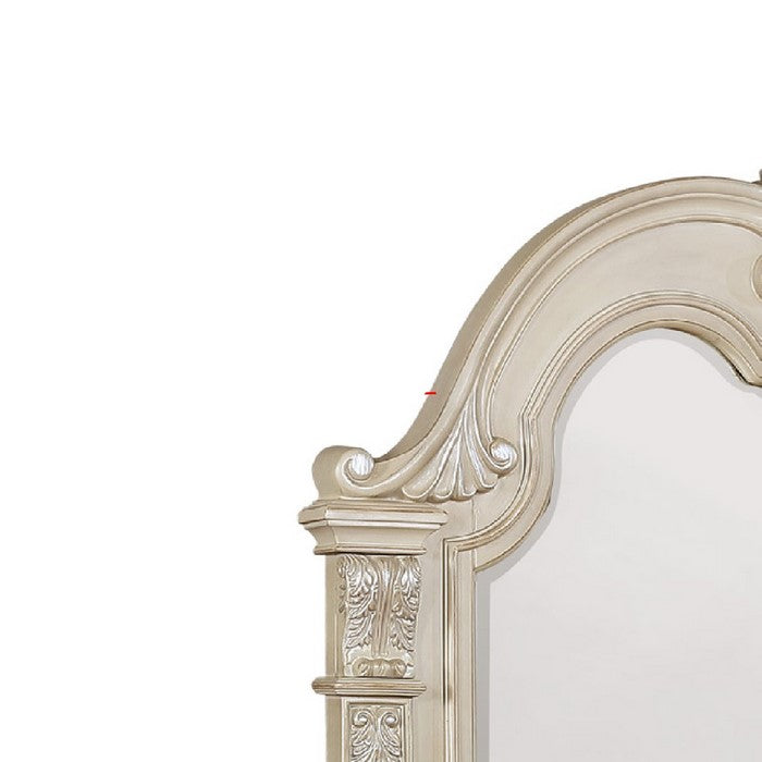 Traditional Wooden Crown Top Mirror with Intricate Carving, Antique White - BM215351