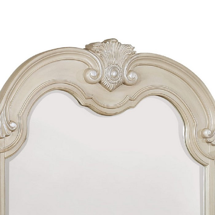Traditional Wooden Crown Top Mirror with Intricate Carving, Antique White - BM215351