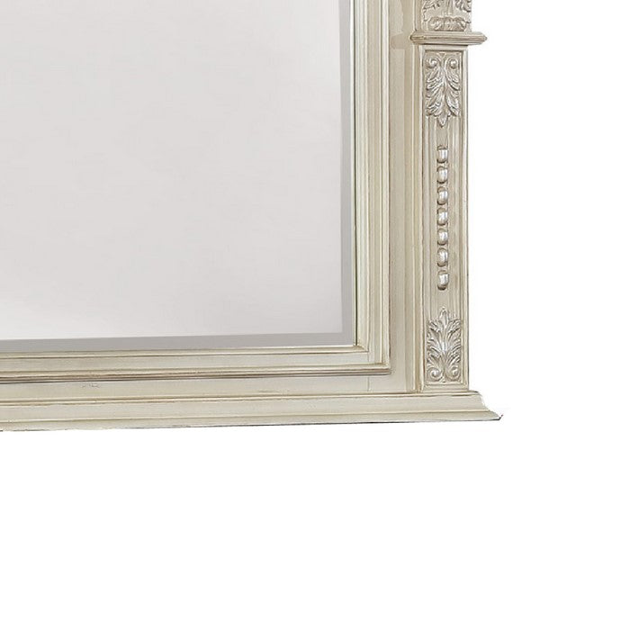 Traditional Wooden Crown Top Mirror with Intricate Carving, Antique White - BM215351