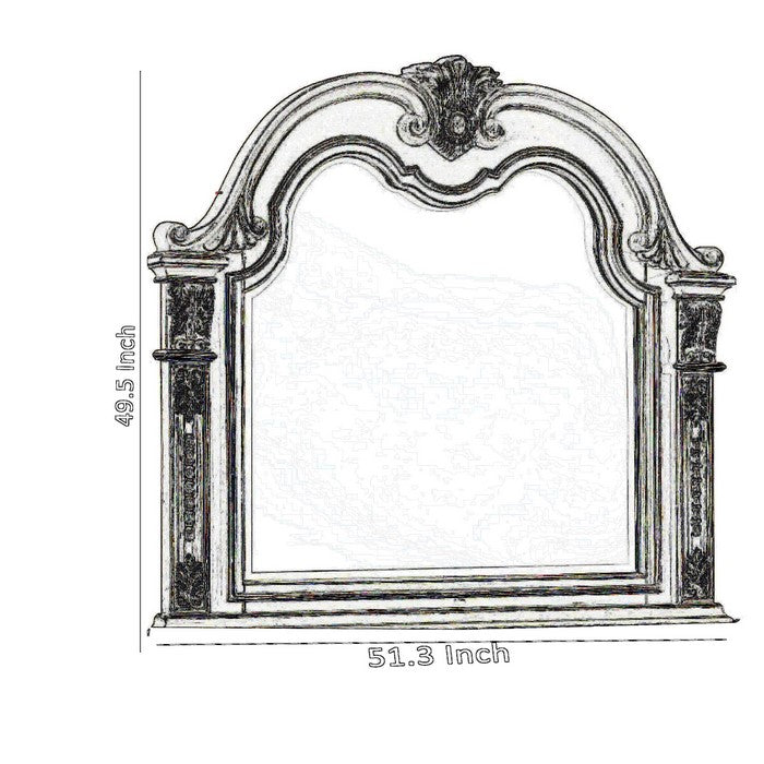 Traditional Wooden Crown Top Mirror with Intricate Carving, Antique White - BM215351