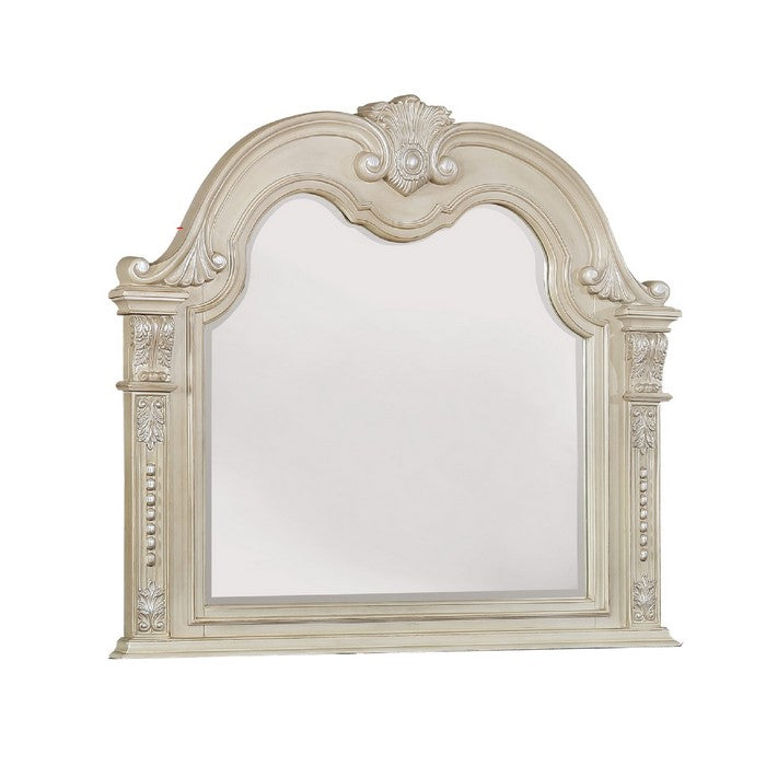 Traditional Wooden Crown Top Mirror with Intricate Carving, Antique White - BM215351