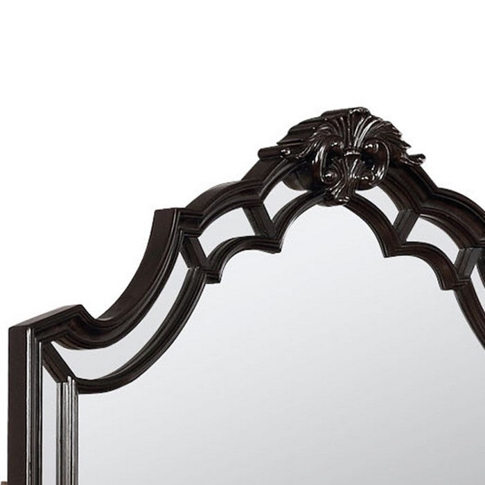 Crown Top Scalloped Wooden Frame Mirror with Molded Details, Brown - BM215353