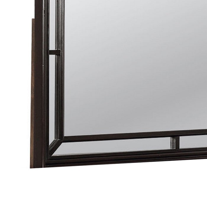 Crown Top Scalloped Wooden Frame Mirror with Molded Details, Brown - BM215353