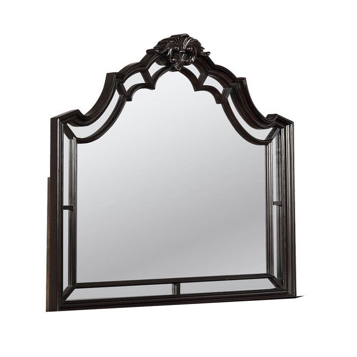 Crown Top Scalloped Wooden Frame Mirror with Molded Details, Brown - BM215353