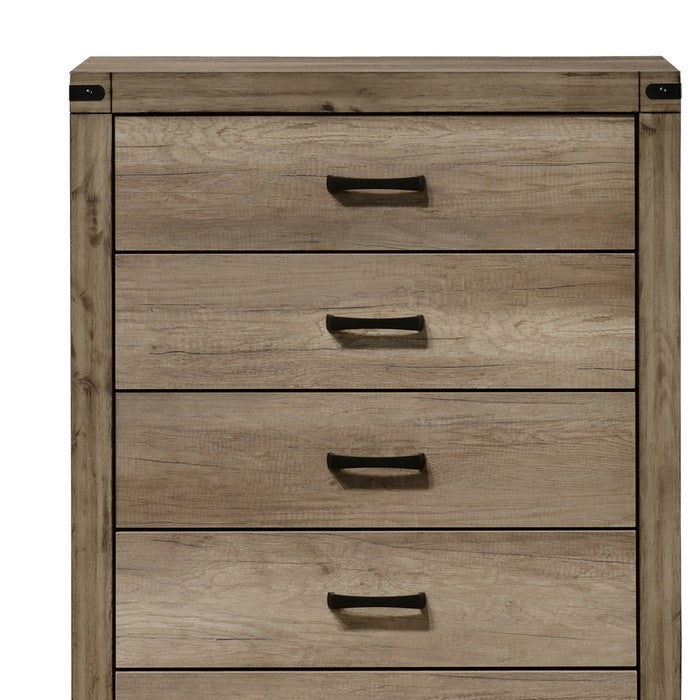 5 Drawer Rustic Style Chest with Bar Pulls and Block Feet, Weathered Gray - BM215354