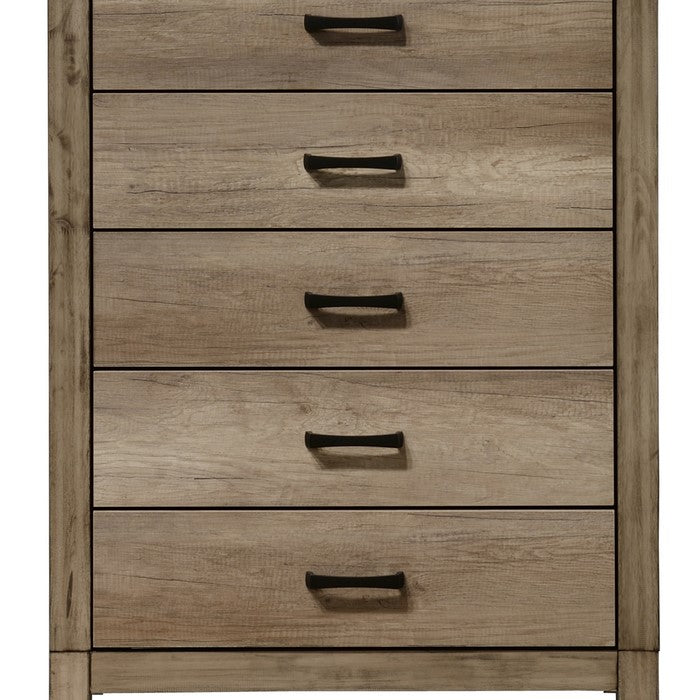5 Drawer Rustic Style Chest with Bar Pulls and Block Feet, Weathered Gray - BM215354