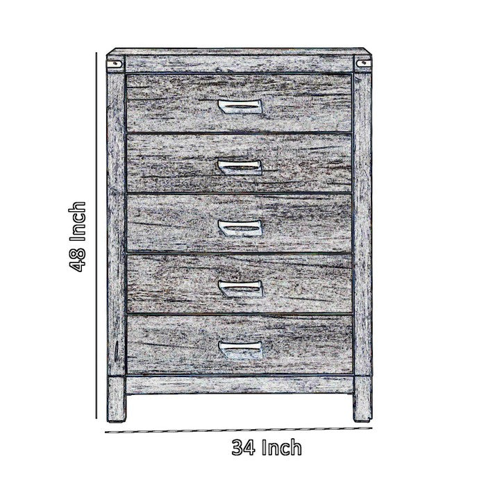 5 Drawer Rustic Style Chest with Bar Pulls and Block Feet, Weathered Gray - BM215354