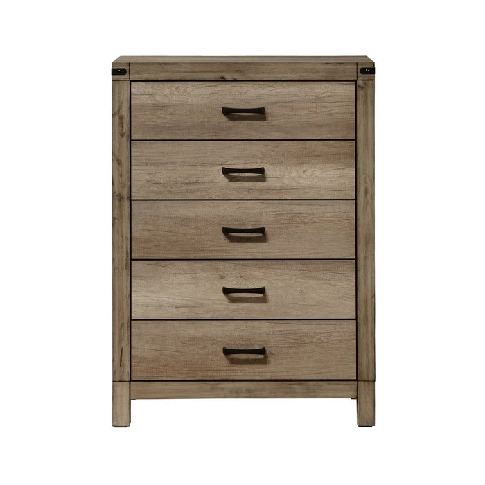 5 Drawer Rustic Style Chest with Bar Pulls and Block Feet, Weathered Gray - BM215354