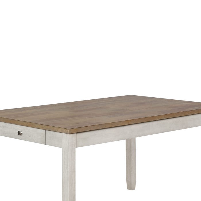 Wooden Dining Table with Side Drawer and Chamfered Feet, White and Brown