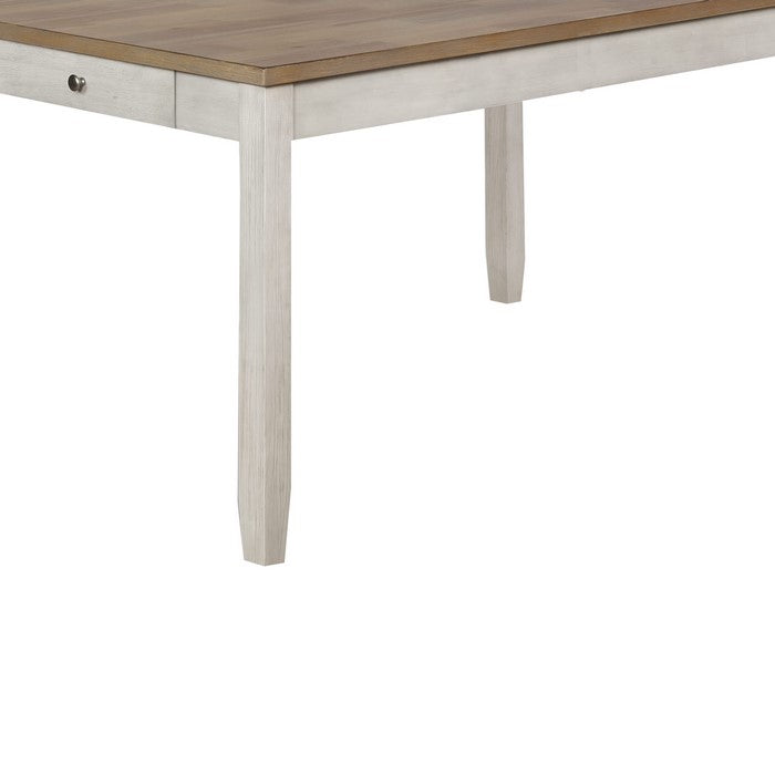 Wooden Dining Table with Side Drawer and Chamfered Feet, White and Brown