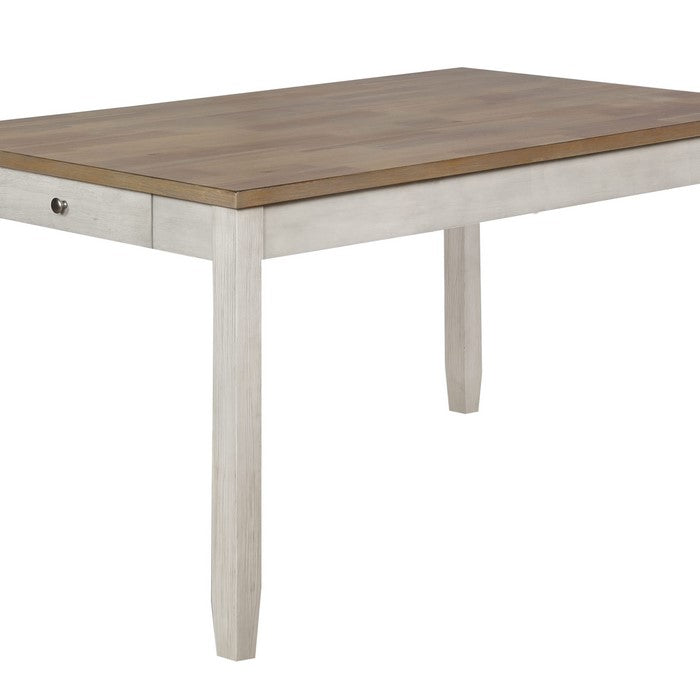 Wooden Dining Table with Side Drawer and Chamfered Feet, White and Brown