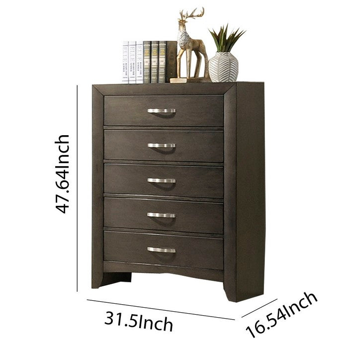 5 Drawer Chest with Curved Metal Handles and Side Panel Support, Brown