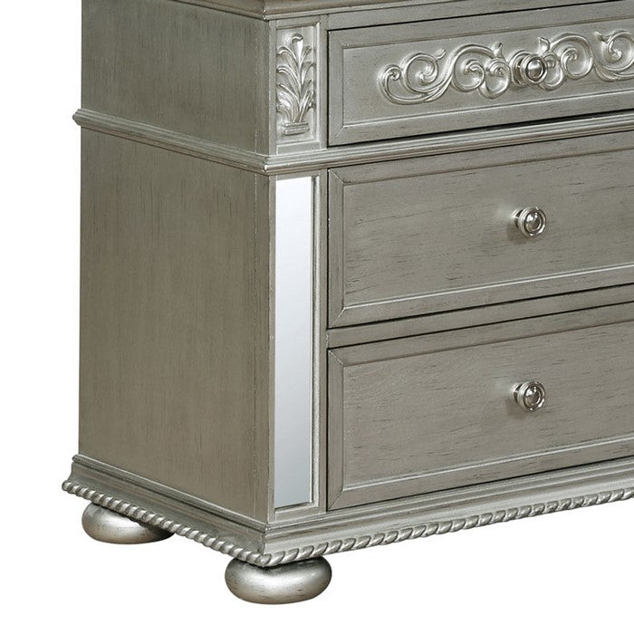 2 Drawer Transitional Nightstand with Mirror Trim Inlay and Bun Feet,Silver - BM215359