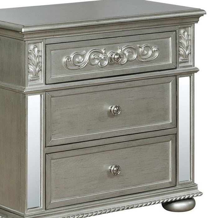 2 Drawer Transitional Nightstand with Mirror Trim Inlay and Bun Feet,Silver - BM215359
