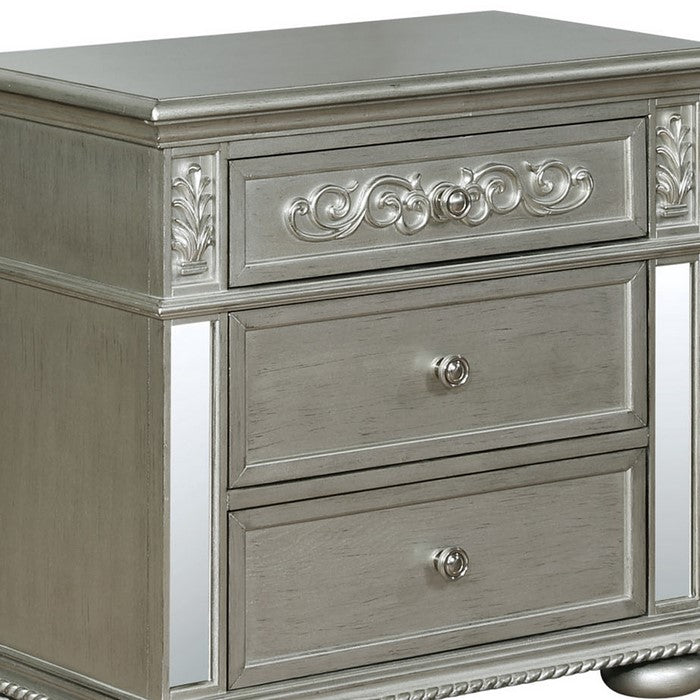 2 Drawer Transitional Nightstand with Mirror Trim Inlay and Bun Feet,Silver - BM215359