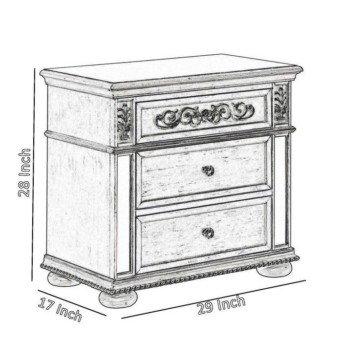 2 Drawer Transitional Nightstand with Mirror Trim Inlay and Bun Feet,Silver - BM215359