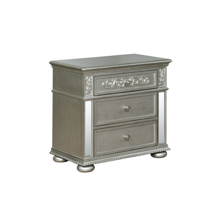 2 Drawer Transitional Nightstand with Mirror Trim Inlay and Bun Feet,Silver - BM215359