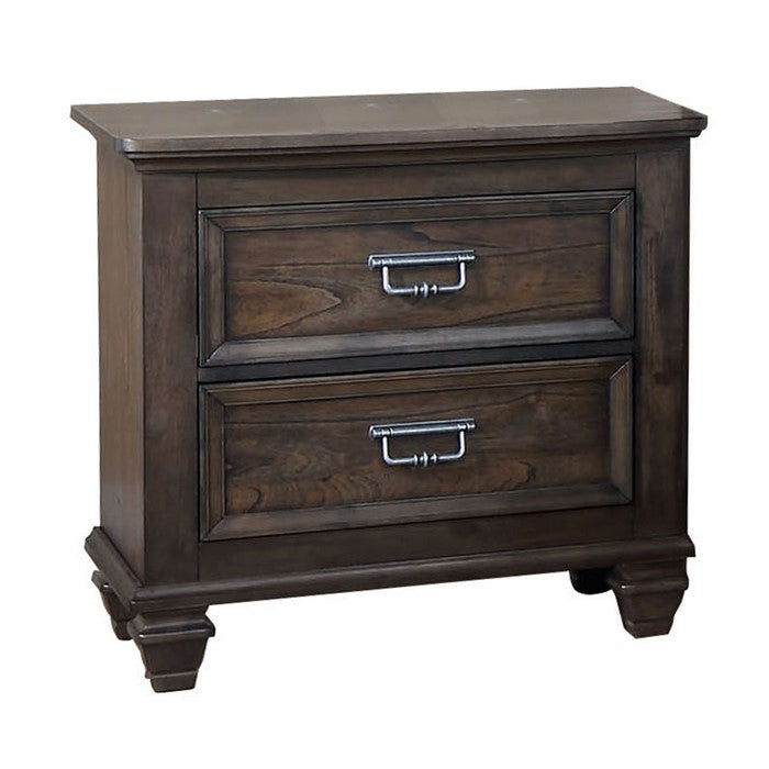 2 Drawer Nightstand with Woodgrain Details and Turned Feet, Brown