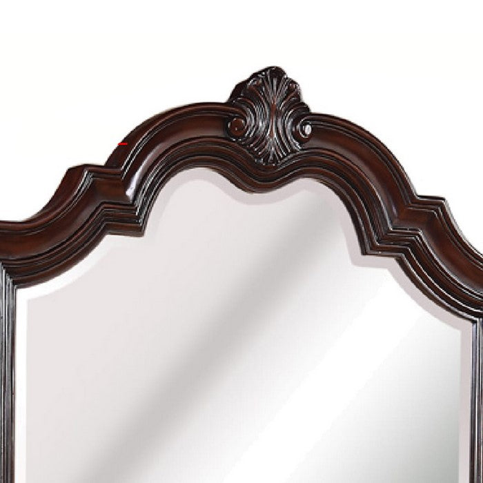 Scalloped Design Wooden Frame Mirror with Crown Top, Cherry Brown