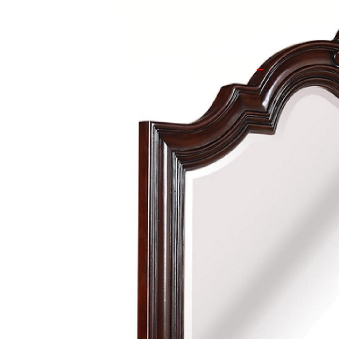 Scalloped Design Wooden Frame Mirror with Crown Top, Cherry Brown