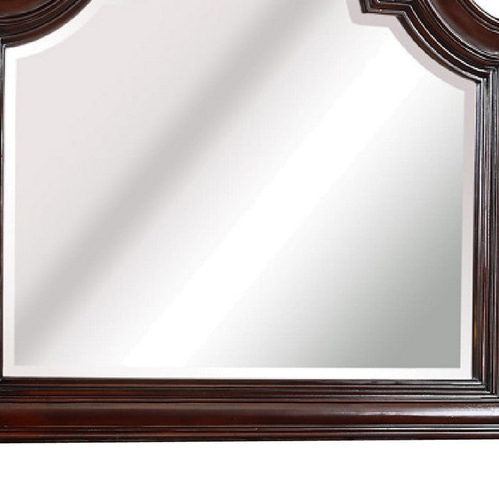 Scalloped Design Wooden Frame Mirror with Crown Top, Cherry Brown