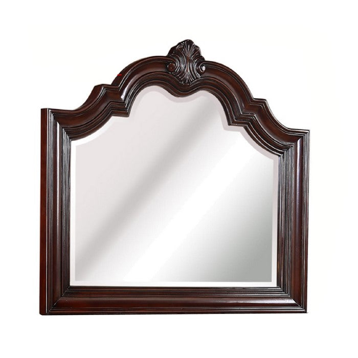 Scalloped Design Wooden Frame Mirror with Crown Top, Cherry Brown
