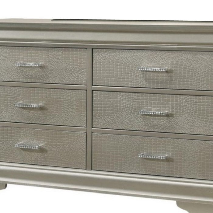 6 Drawer Contemporary Dresser with Textured Front and Bracket Feet, Silver - BM215364