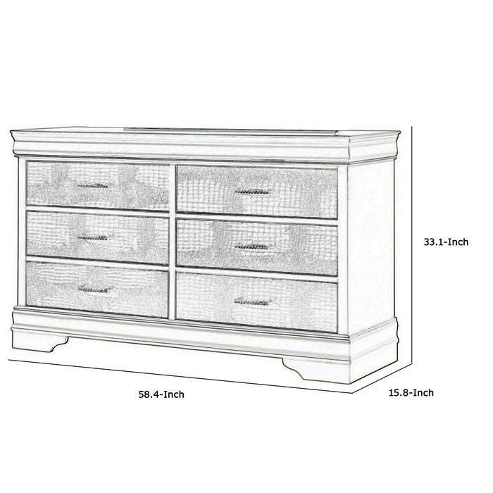 6 Drawer Contemporary Dresser with Textured Front and Bracket Feet, Silver - BM215364