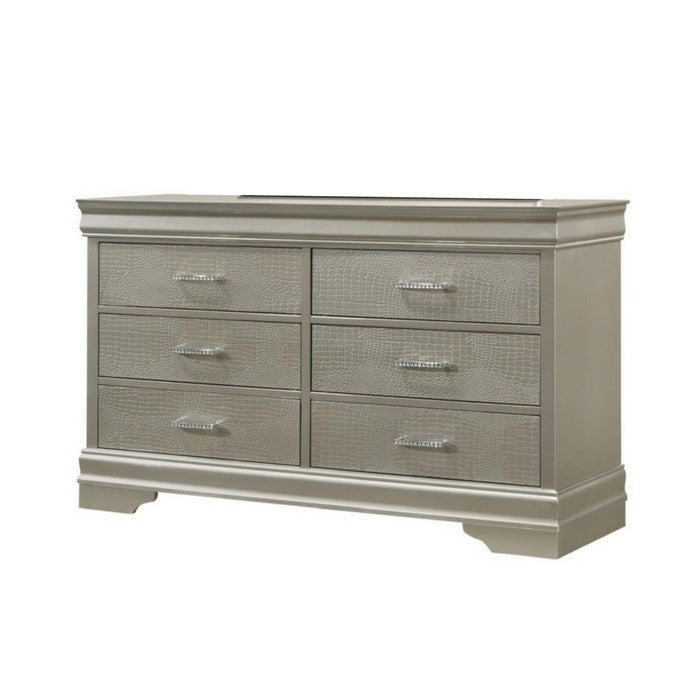 6 Drawer Contemporary Dresser with Textured Front and Bracket Feet, Silver - BM215364