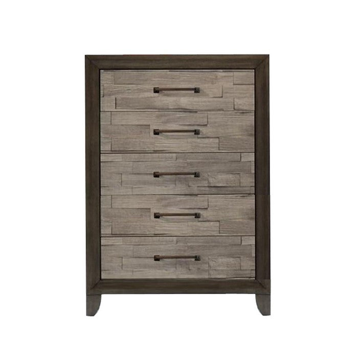 5 Drawer Wooden Chest with Bar Handles and Bracket Feet, Brown and Beige