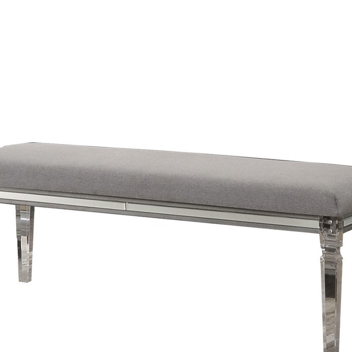 Fabric Upholstered Bench with Acrylic Legs and Silver Accents, Gray