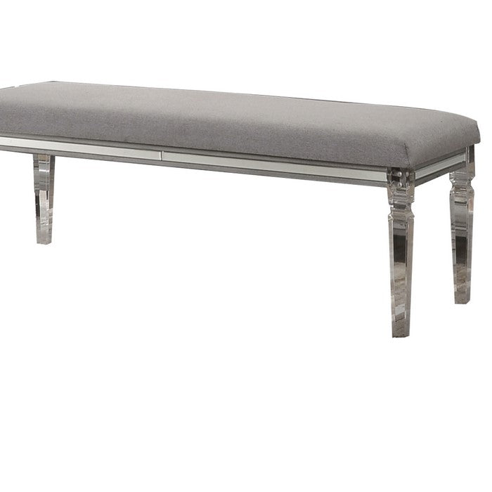 Fabric Upholstered Bench with Acrylic Legs and Silver Accents, Gray