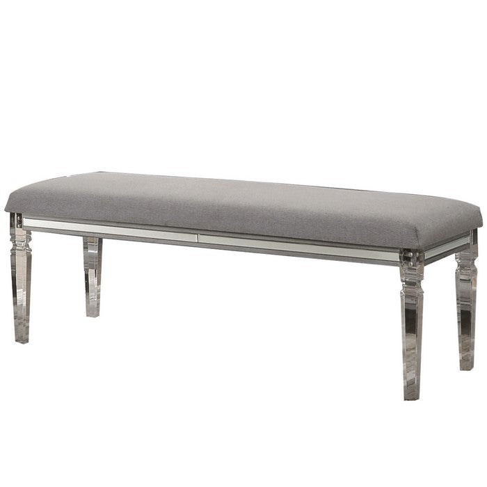 Fabric Upholstered Bench with Acrylic Legs and Silver Accents, Gray