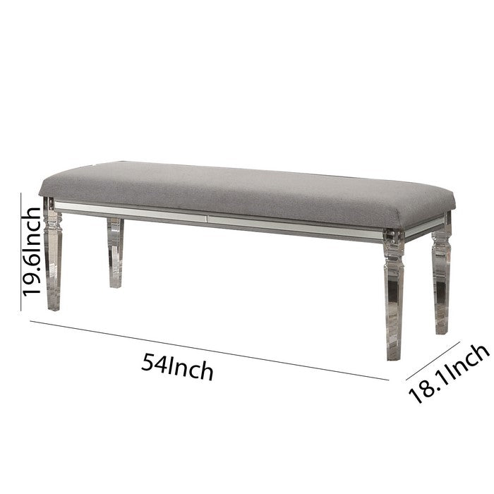 Fabric Upholstered Bench with Acrylic Legs and Silver Accents, Gray