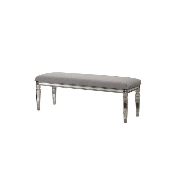 Fabric Upholstered Bench with Acrylic Legs and Silver Accents, Gray