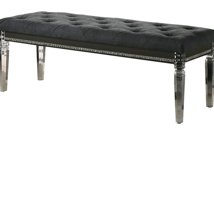 Faux Crystal Inlay Bench with Tufted Seating and Acrylic Legs, Dark Gray