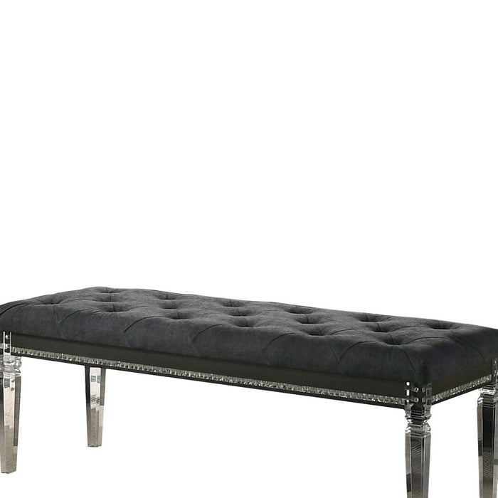 Faux Crystal Inlay Bench with Tufted Seating and Acrylic Legs, Dark Gray