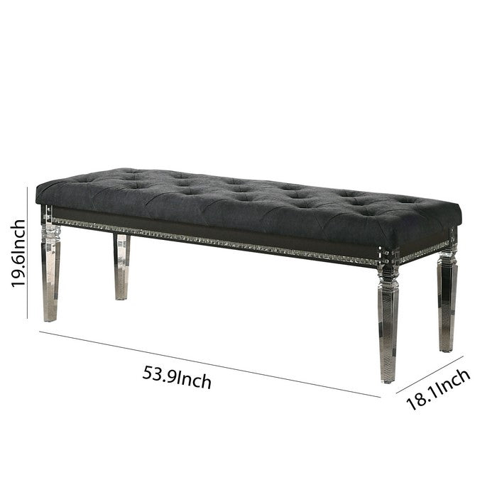 Faux Crystal Inlay Bench with Tufted Seating and Acrylic Legs, Dark Gray