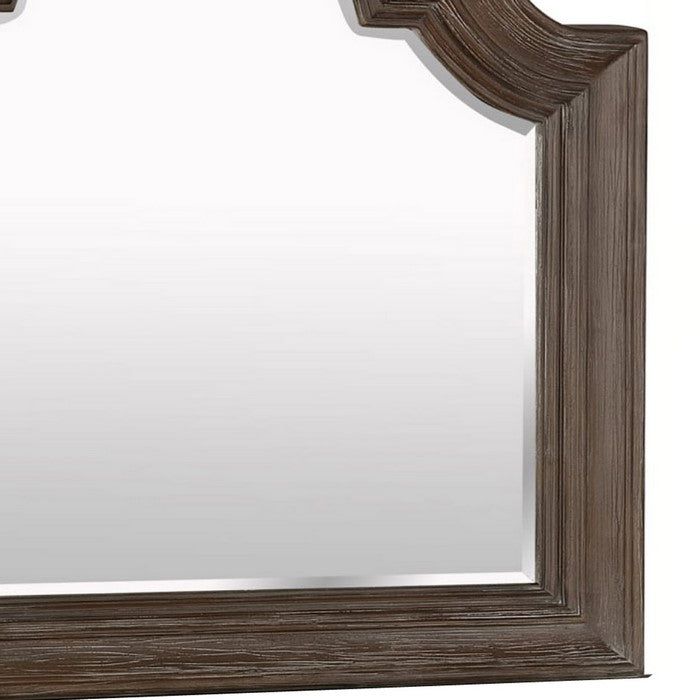 Scalloped Design Wooden Frame Mirror with Crown Top, Antique Brown