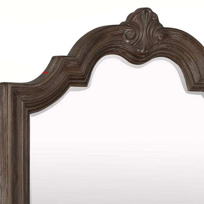 Scalloped Design Wooden Frame Mirror with Crown Top, Antique Brown