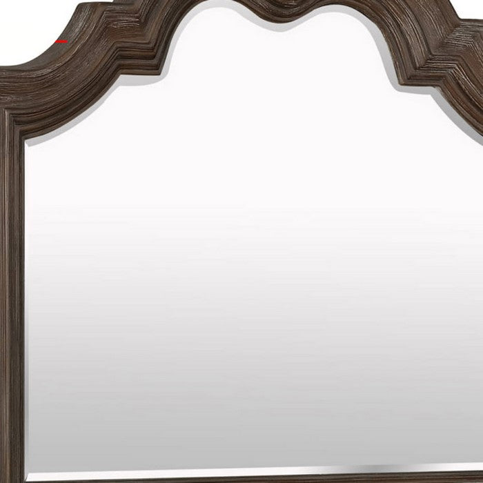 Scalloped Design Wooden Frame Mirror with Crown Top, Antique Brown