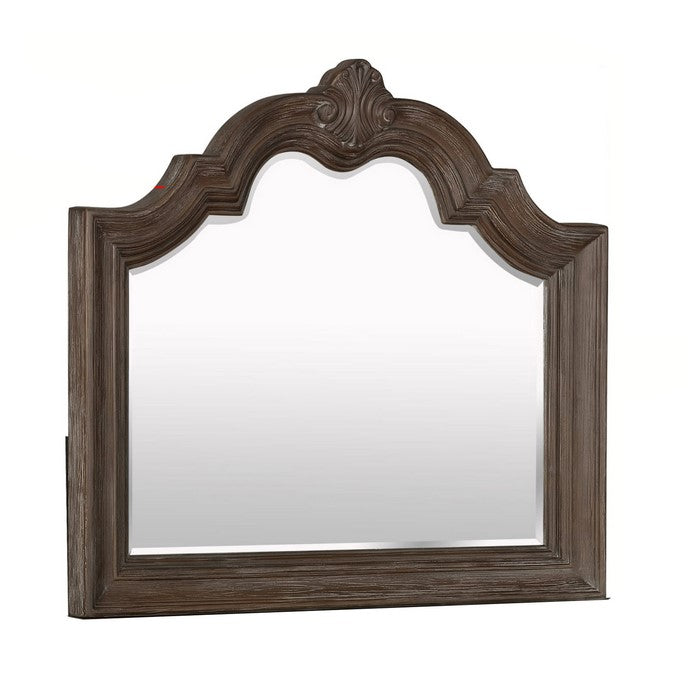 Scalloped Design Wooden Frame Mirror with Crown Top, Antique Brown