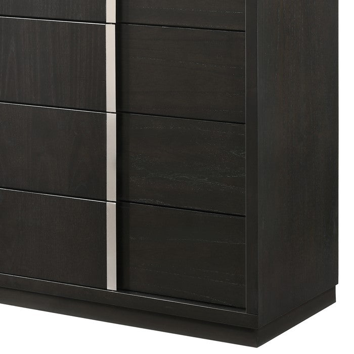 Five Drawer Wooden Chest with Sled Base and Silver Accent, Brown and Silver