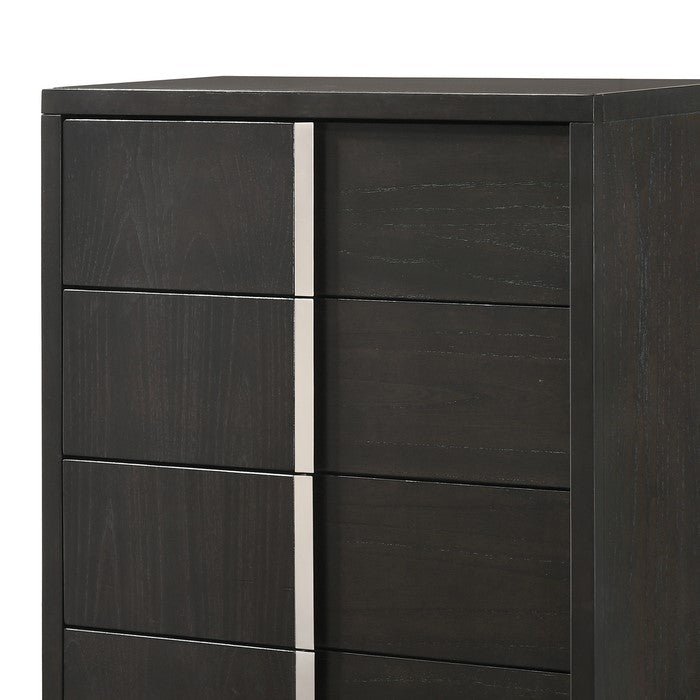 Five Drawer Wooden Chest with Sled Base and Silver Accent, Brown and Silver