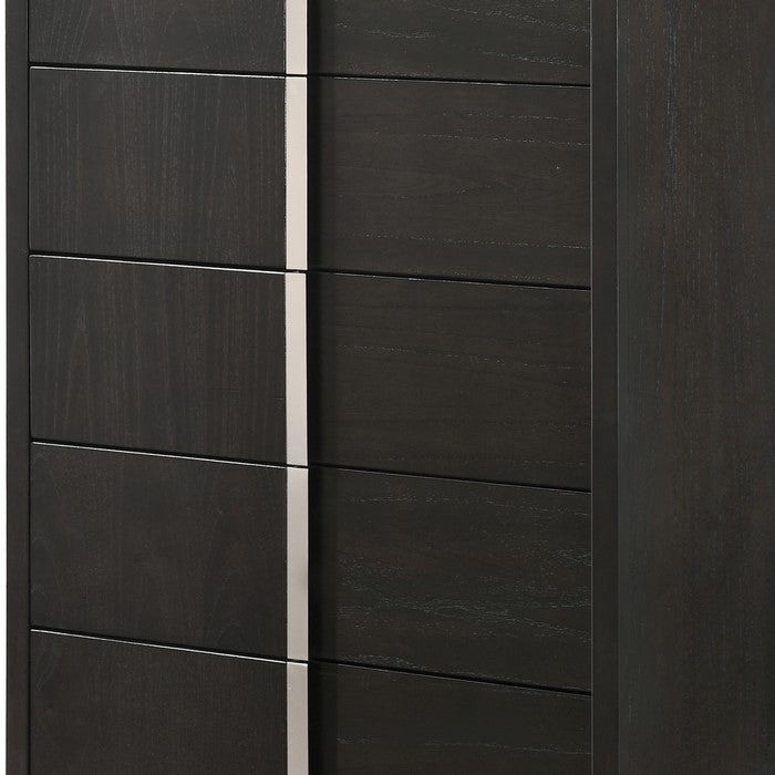 Five Drawer Wooden Chest with Sled Base and Silver Accent, Brown and Silver